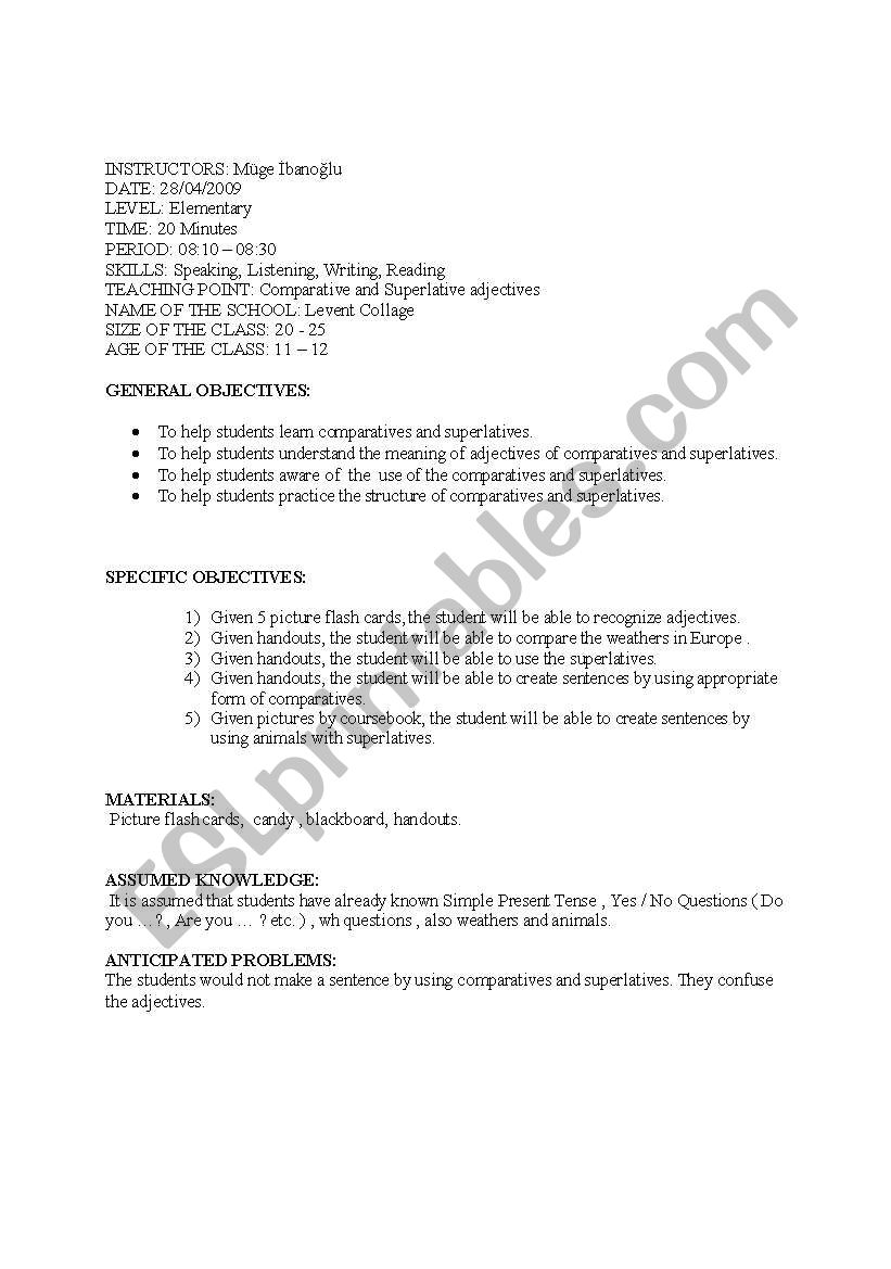 comparative and superlative lesson plan for elementary students