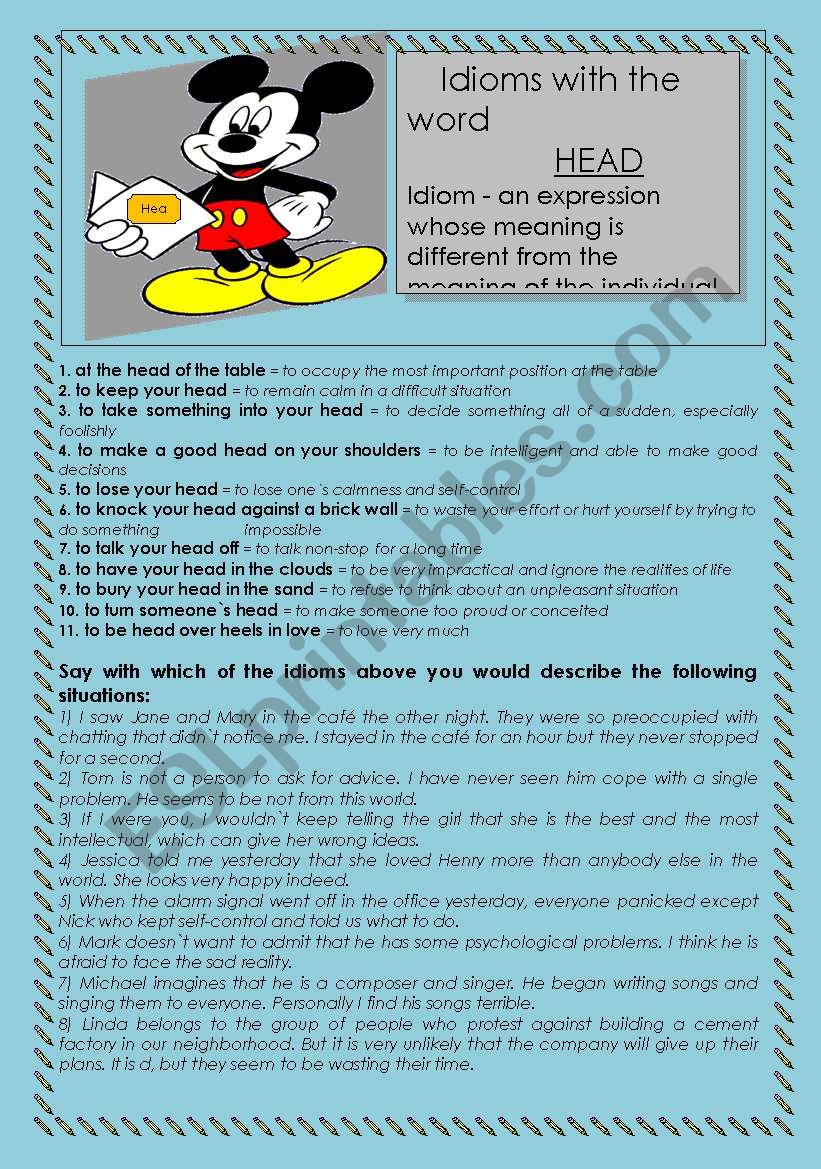 Idioms with the word Head worksheet