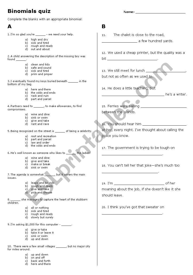 Binomials quiz worksheet