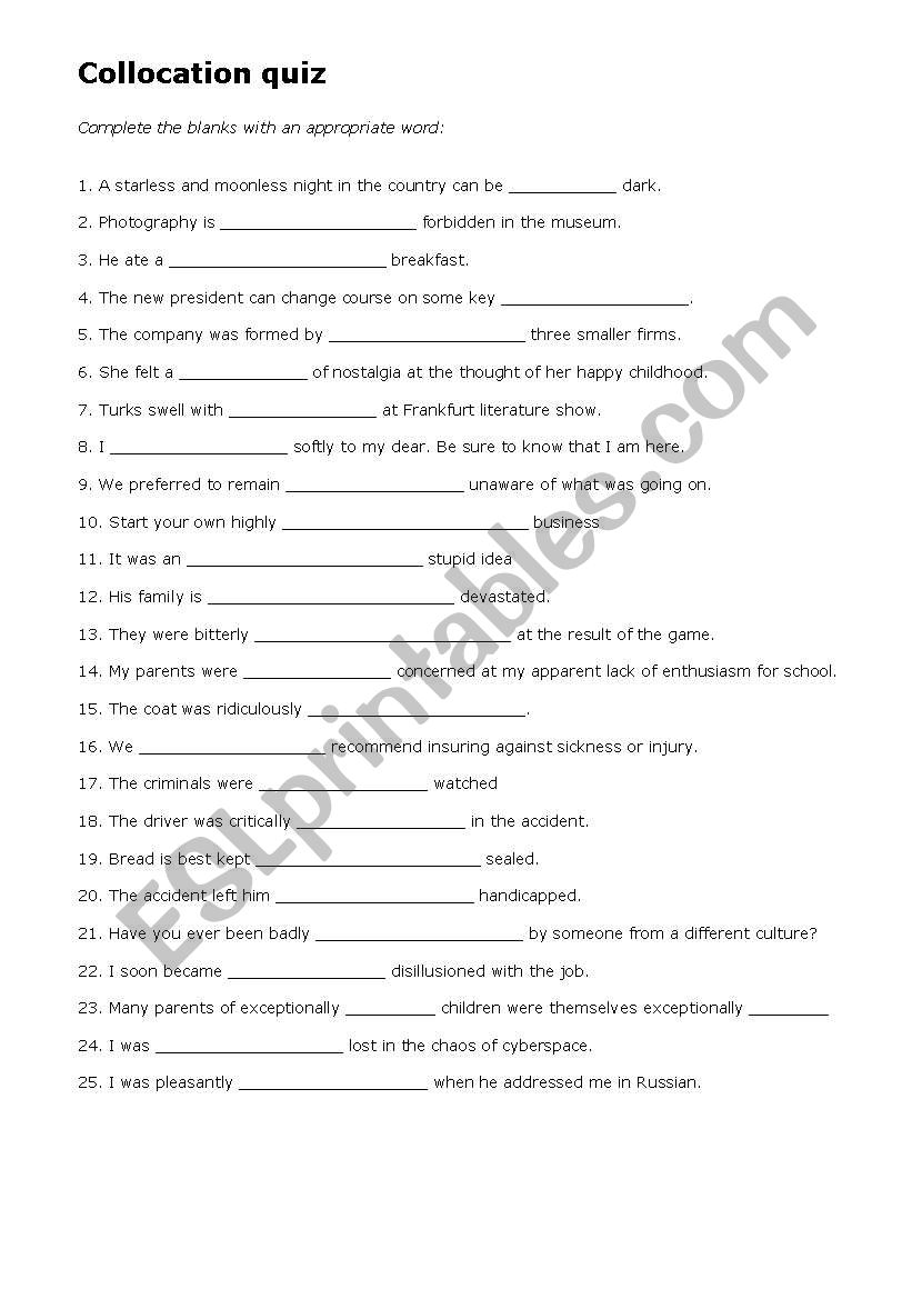 Collocations quiz worksheet