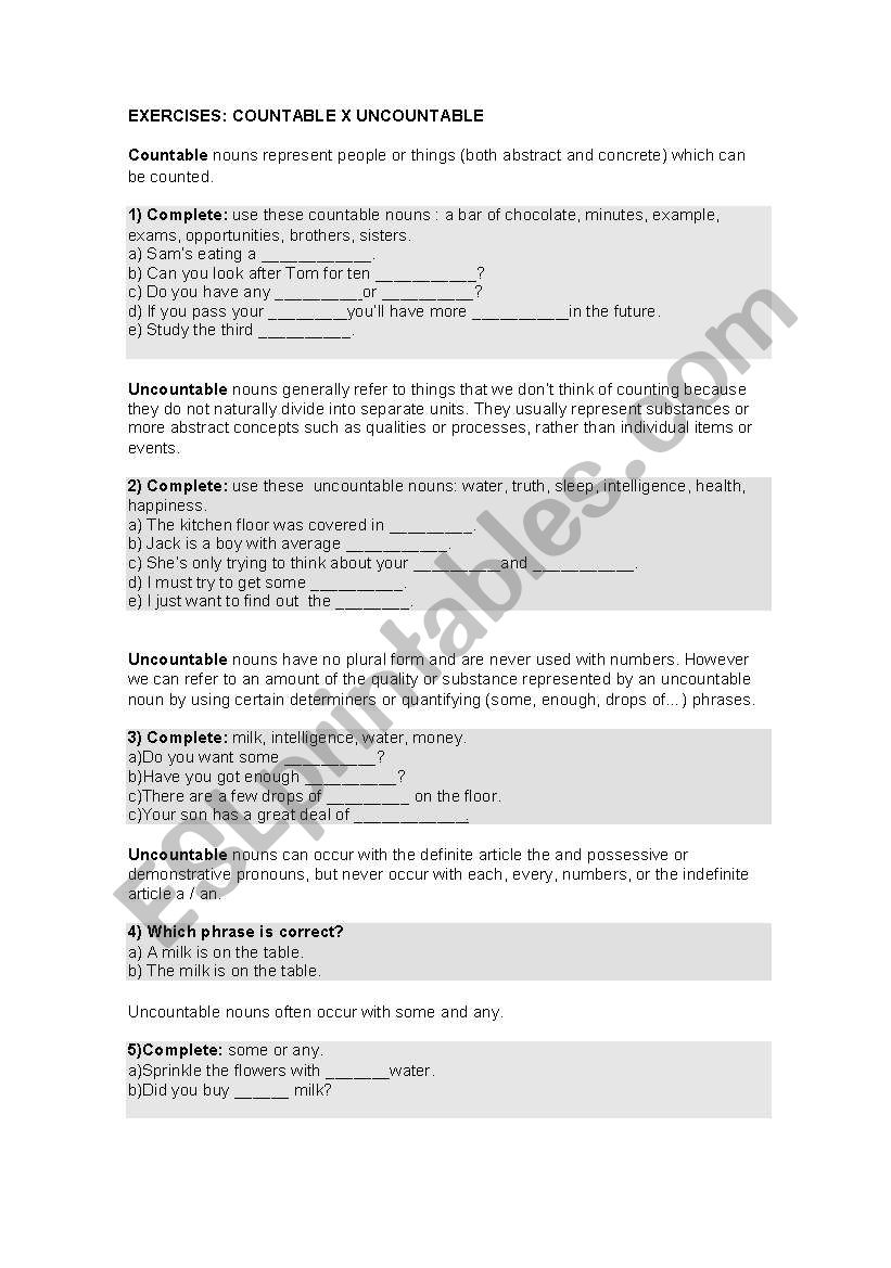 Countable and Uncountable  worksheet