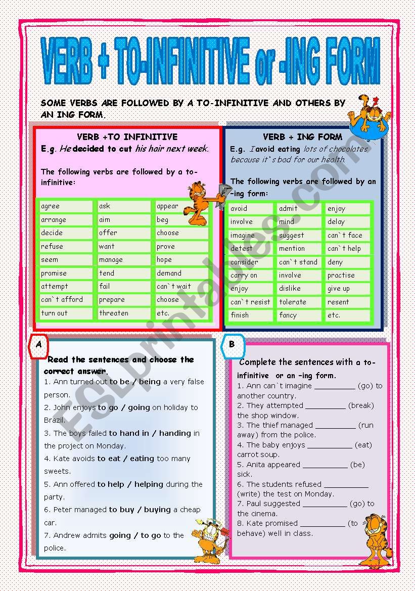 VERB TO INFINITIVE OR ING FORM ESL Worksheet By Rosario Pacheco