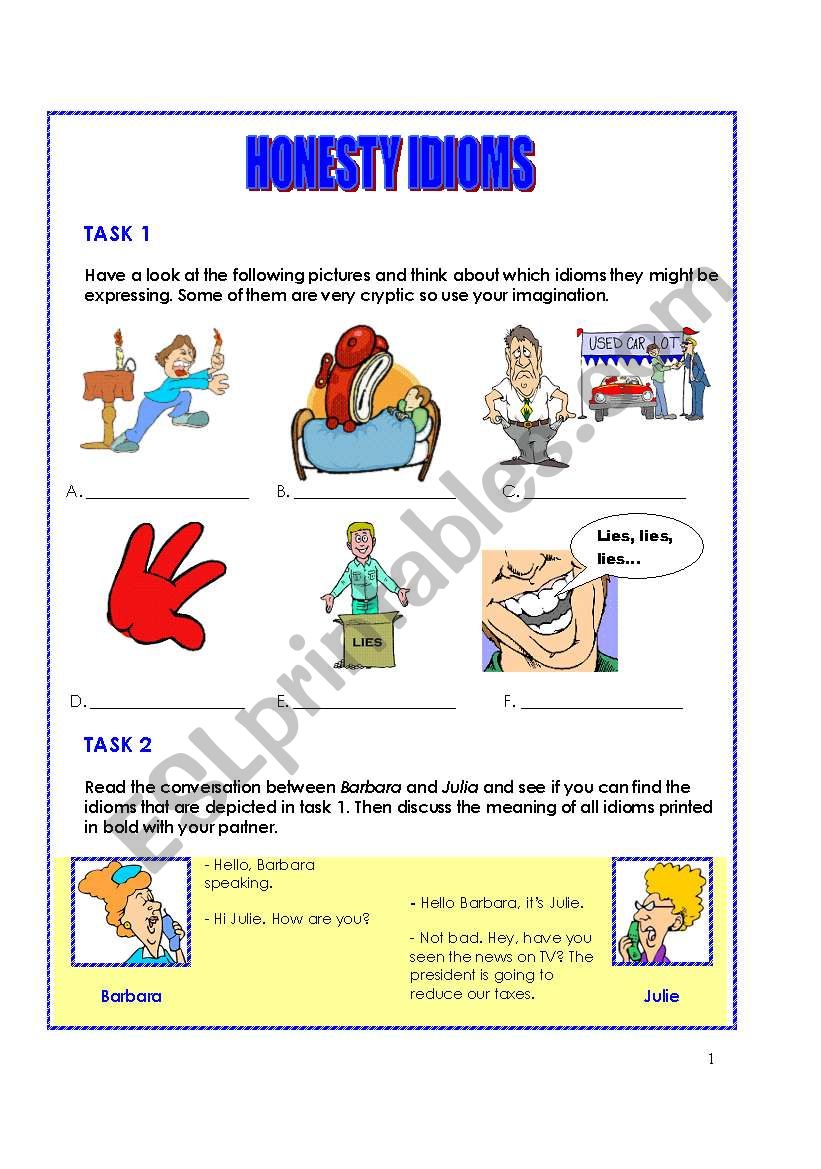 Honesty idioms worksheet