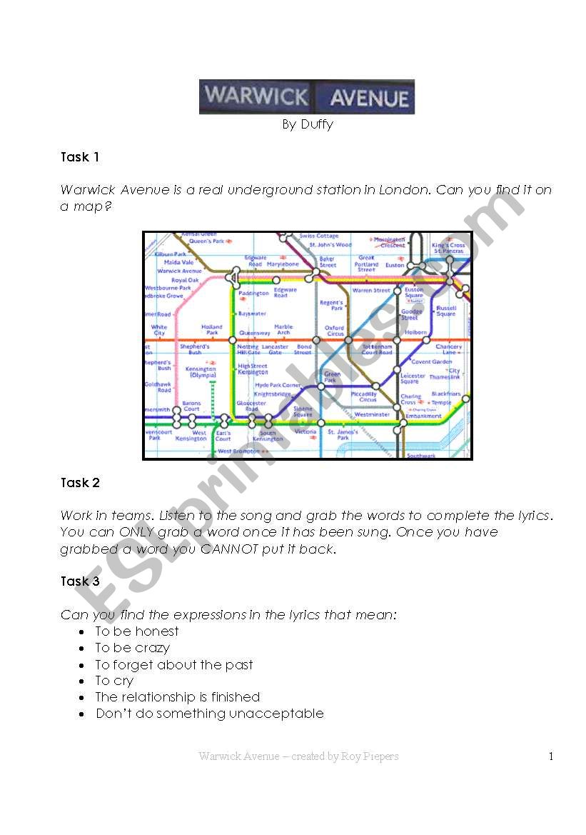 Song: Warwick Avenue by Duffy worksheet