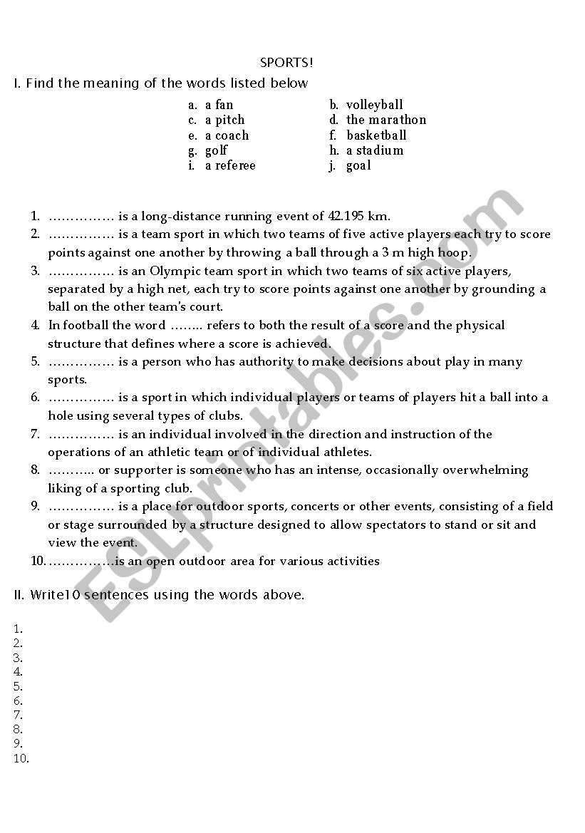 sports - definitions worksheet