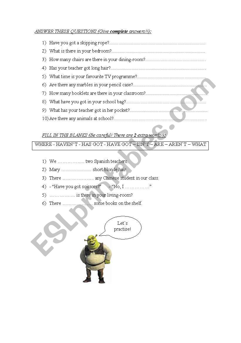 Answer questions worksheet