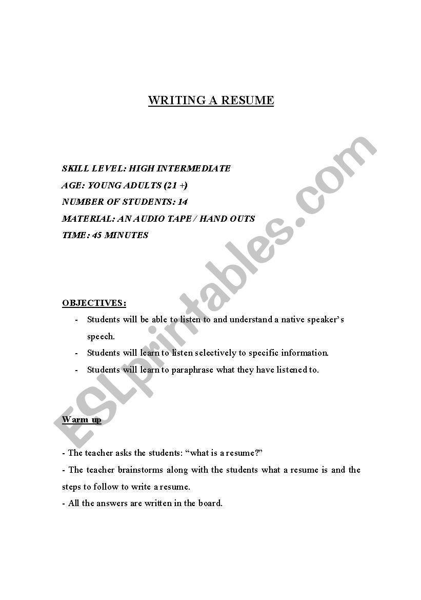 writing a resume worksheet