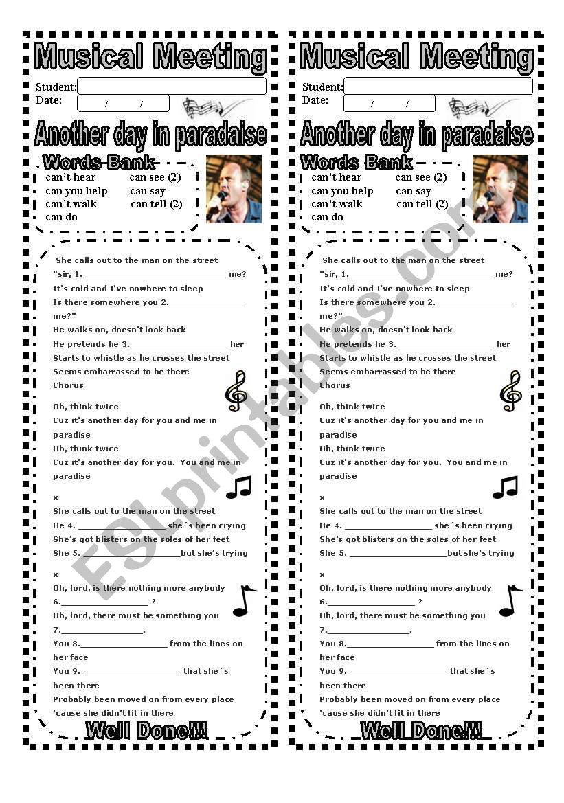 Worksheet: Verb can with song  (with answer key)