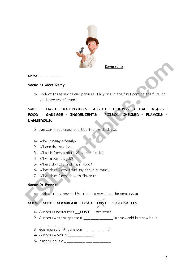 Ratatouille worksheet