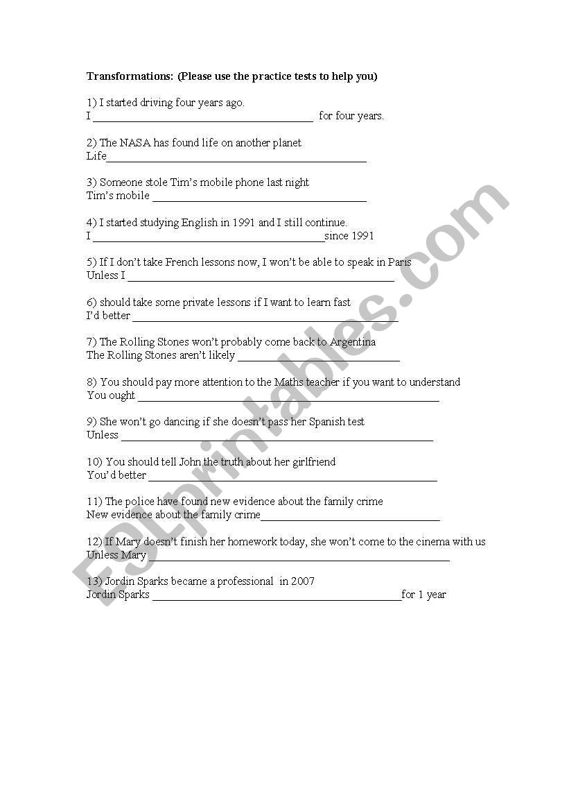 transformations teens 4 worksheet