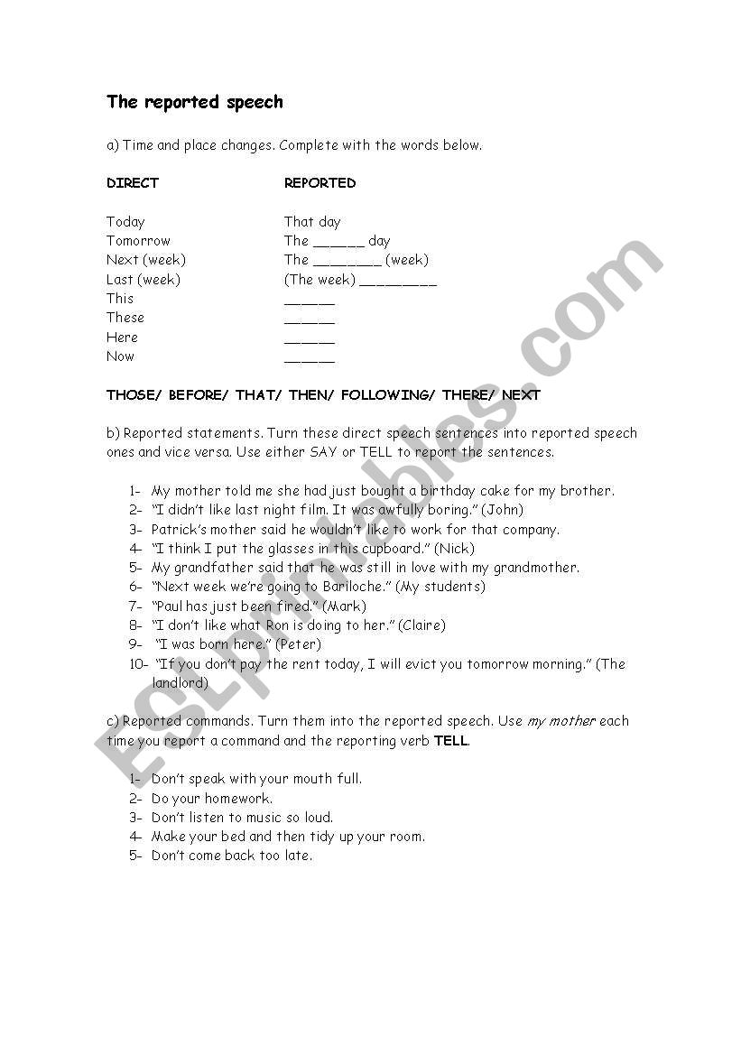 Reported Speech worksheet