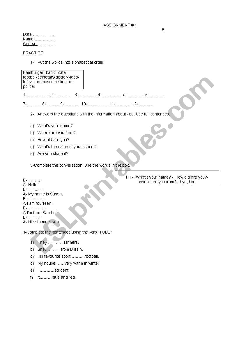 Revision to use verb Tobe worksheet