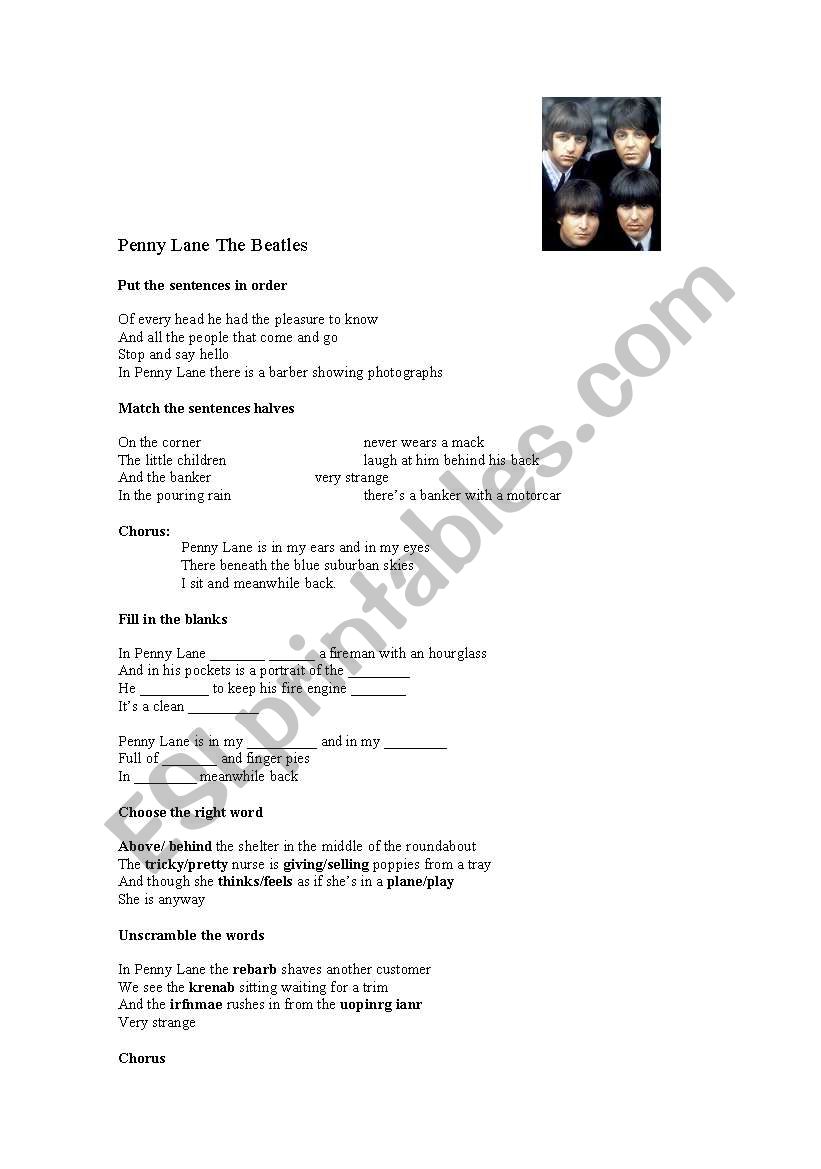 Penny Lane by The Beatles worksheet