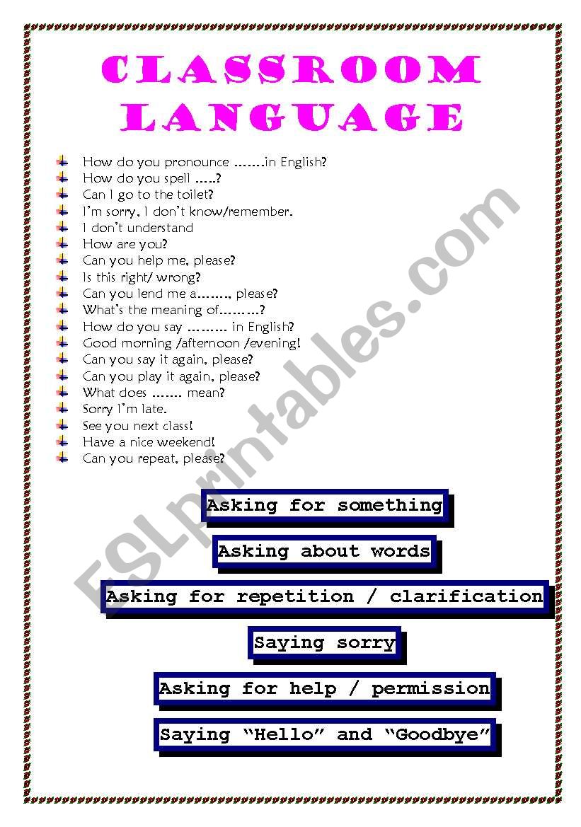 Classroom Language worksheet