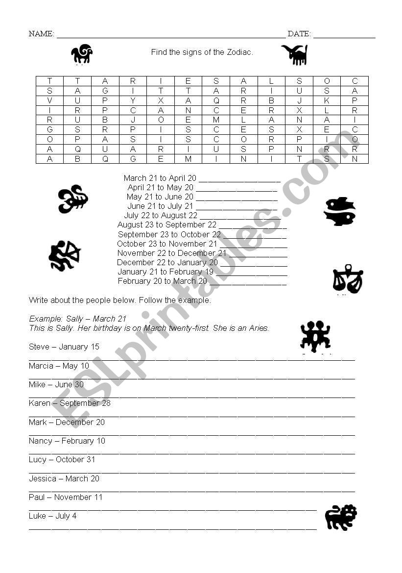 ZODIAC SIGNS AND DATES worksheet