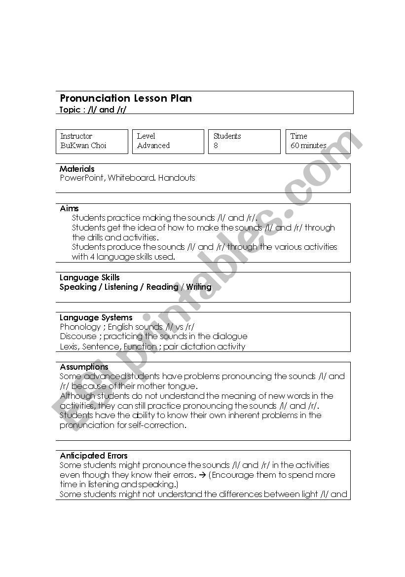 English Pronunciation /l/ and /r/ Lesson Plan