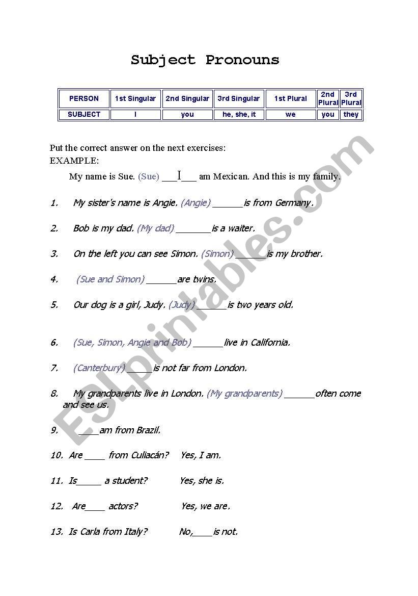 SUBJECT PRONOUNS worksheet