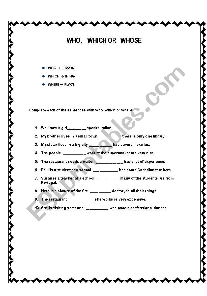 WHERE, WHICH OR WHO worksheet