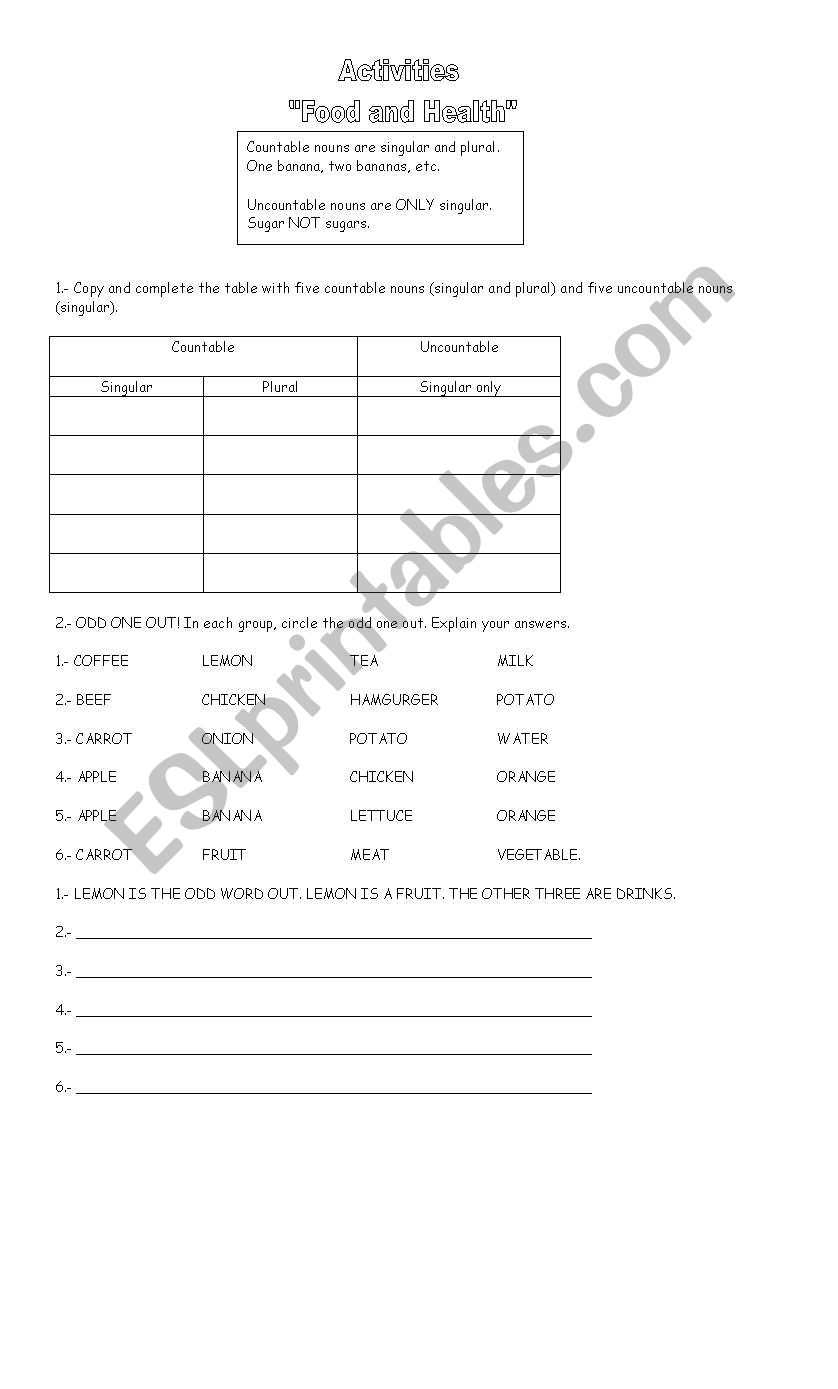 food and health worksheet