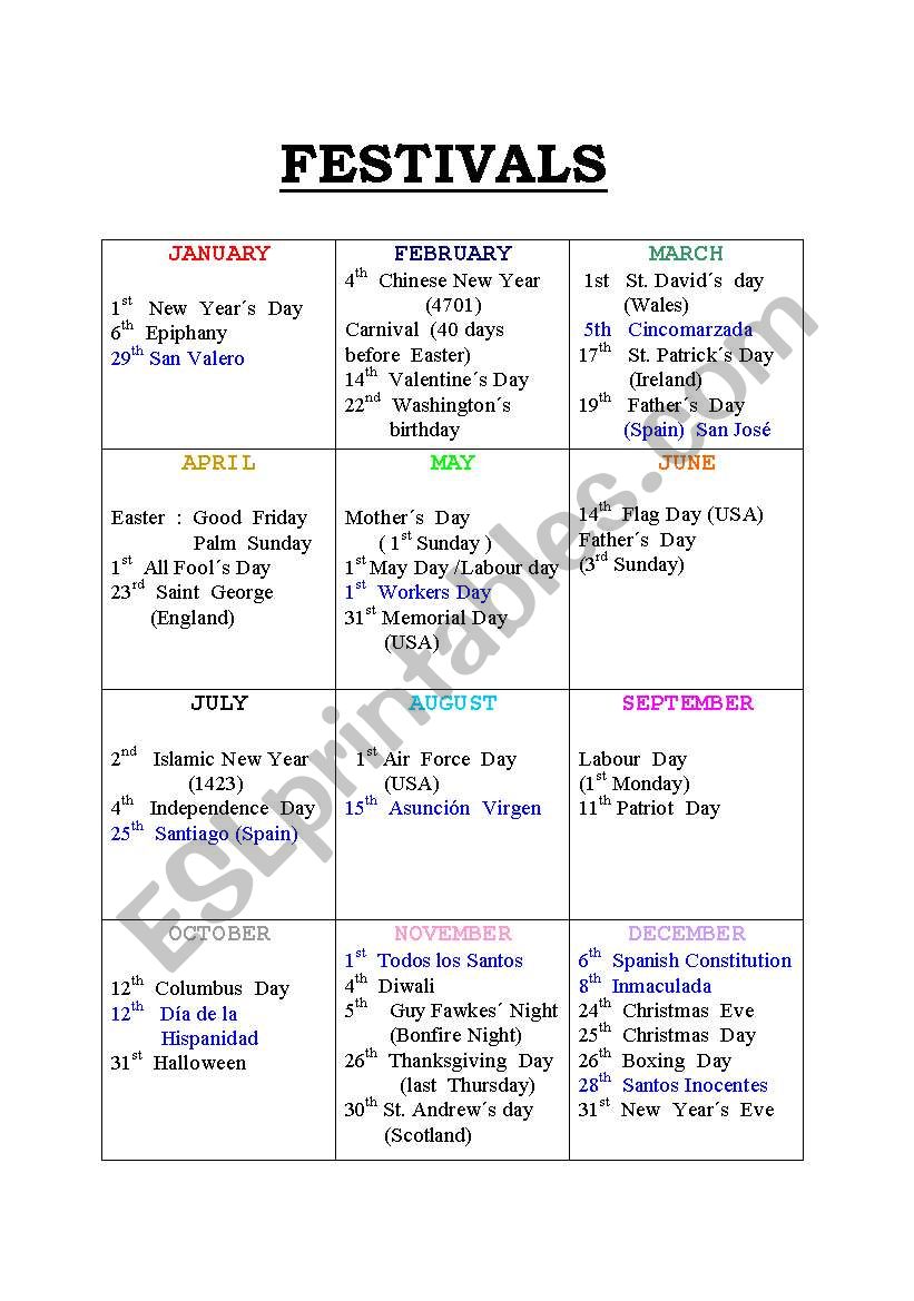 Festivals worksheet