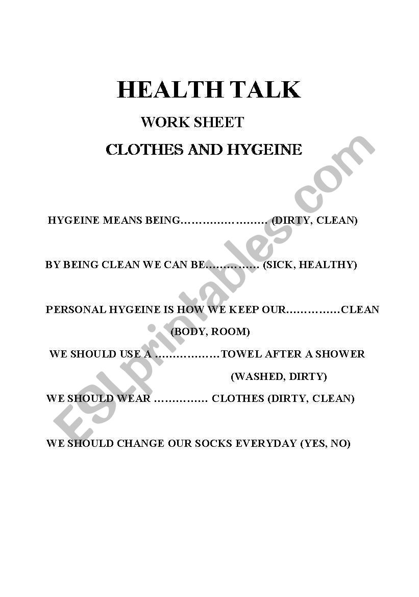clothes and hygeine worksheet