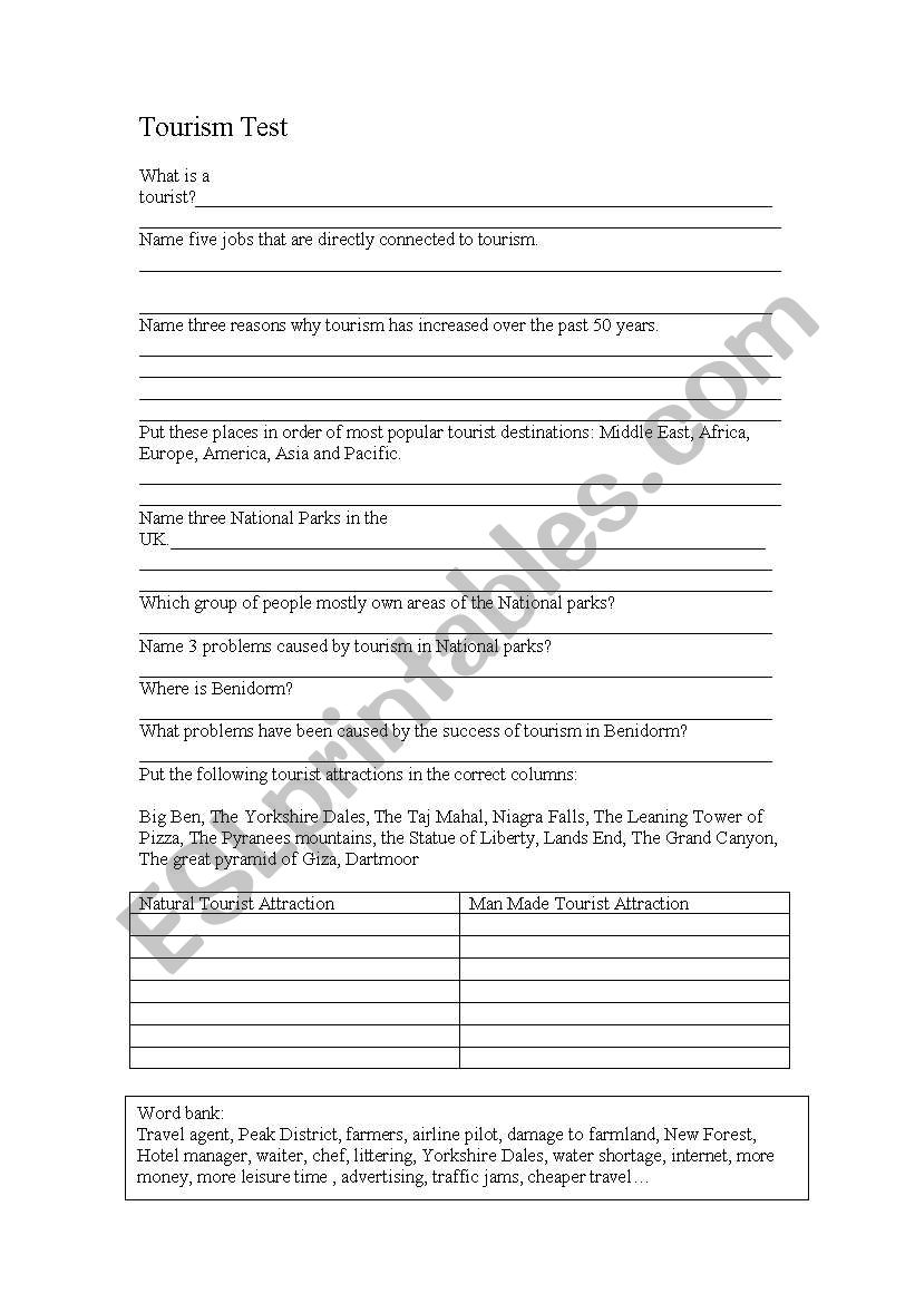 Tourism Test worksheet