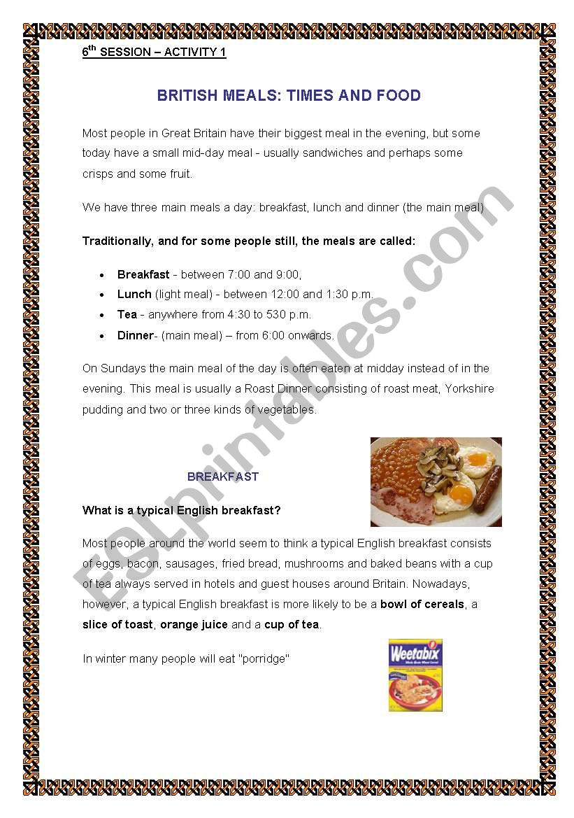 english meals worksheet