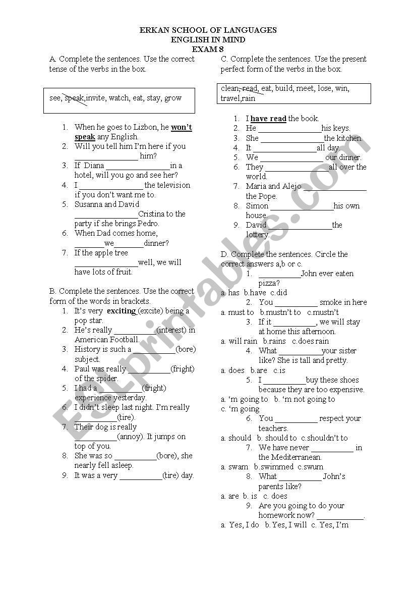 exam worksheet
