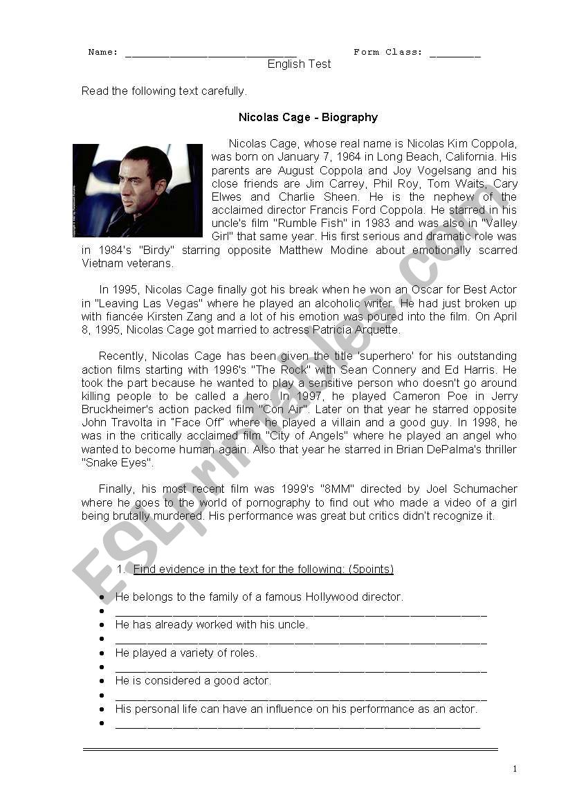 biography nicolas cage test worksheet