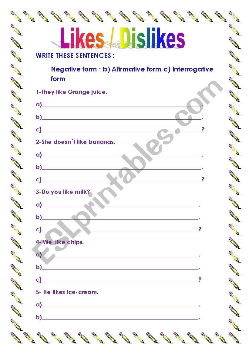 likes/dislikes worksheet