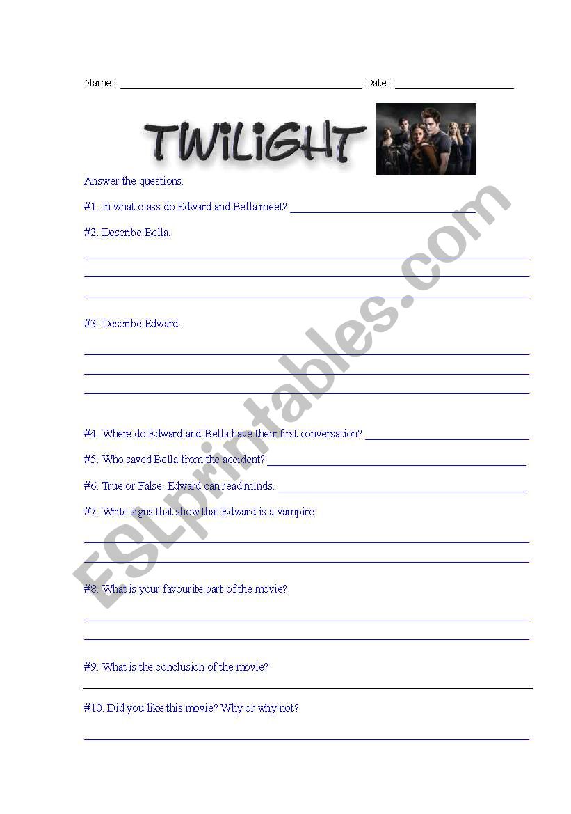 Twilight Questions worksheet