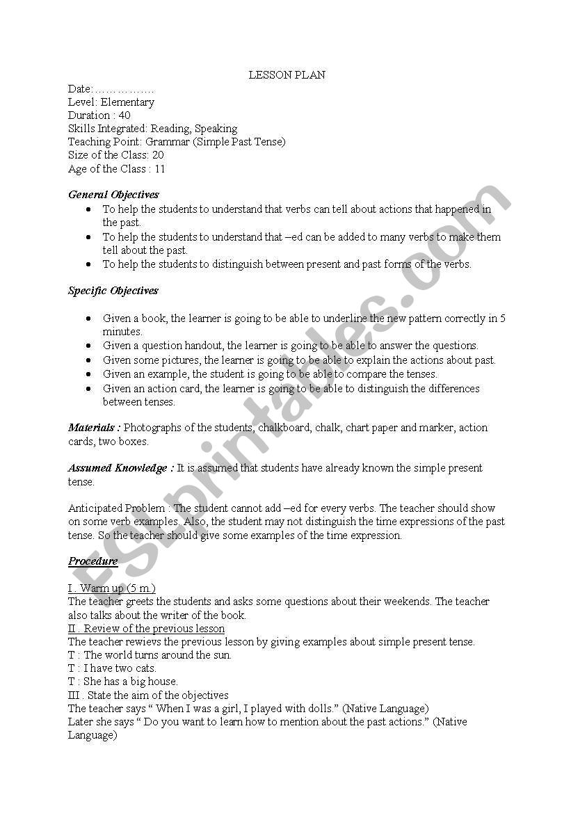 lesson plan about simple past worksheet