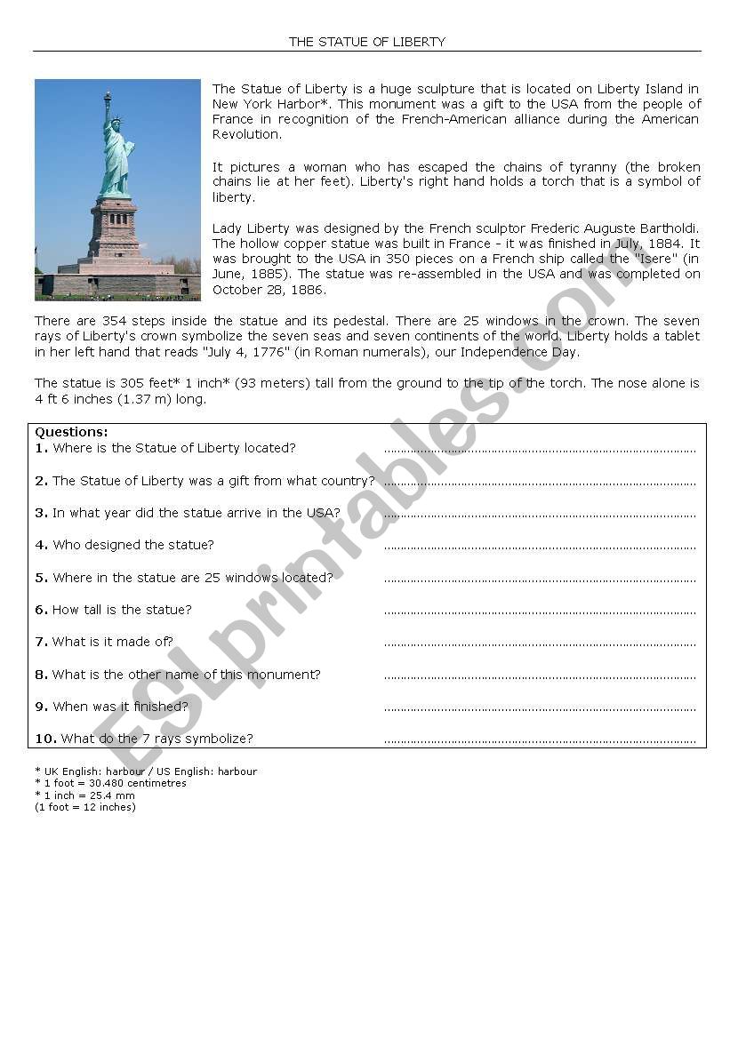 The Statue of Liberty Quizz worksheet