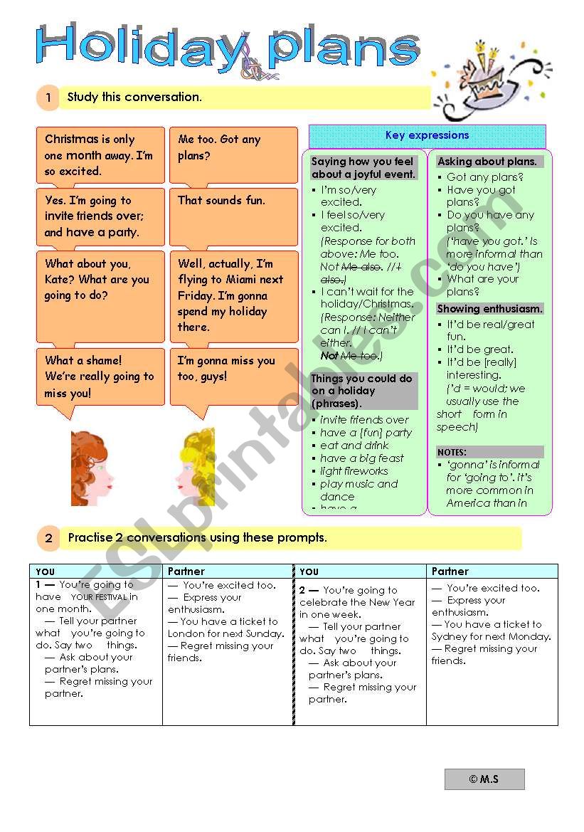 Holiday plans worksheet