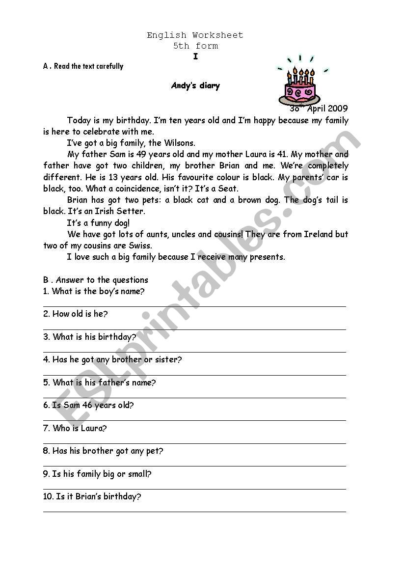 andys birthday worksheet