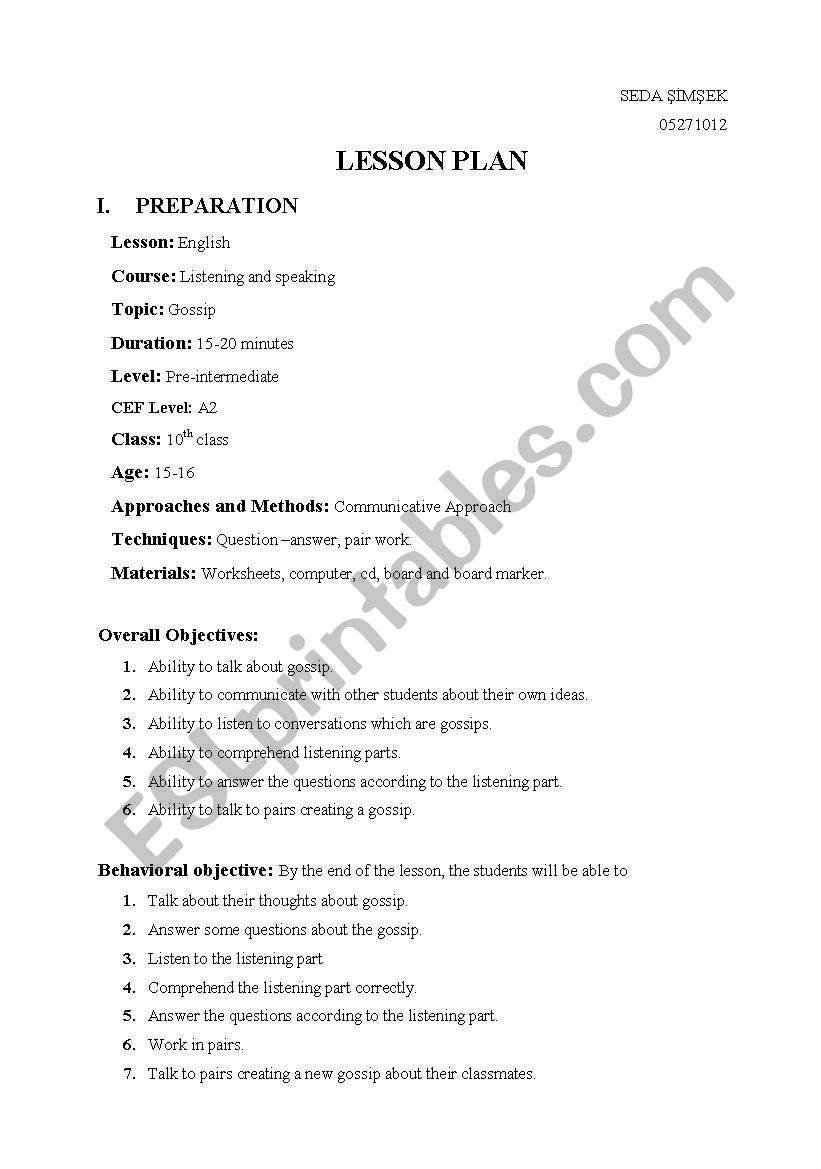 listenin lesson----- gossip worksheet