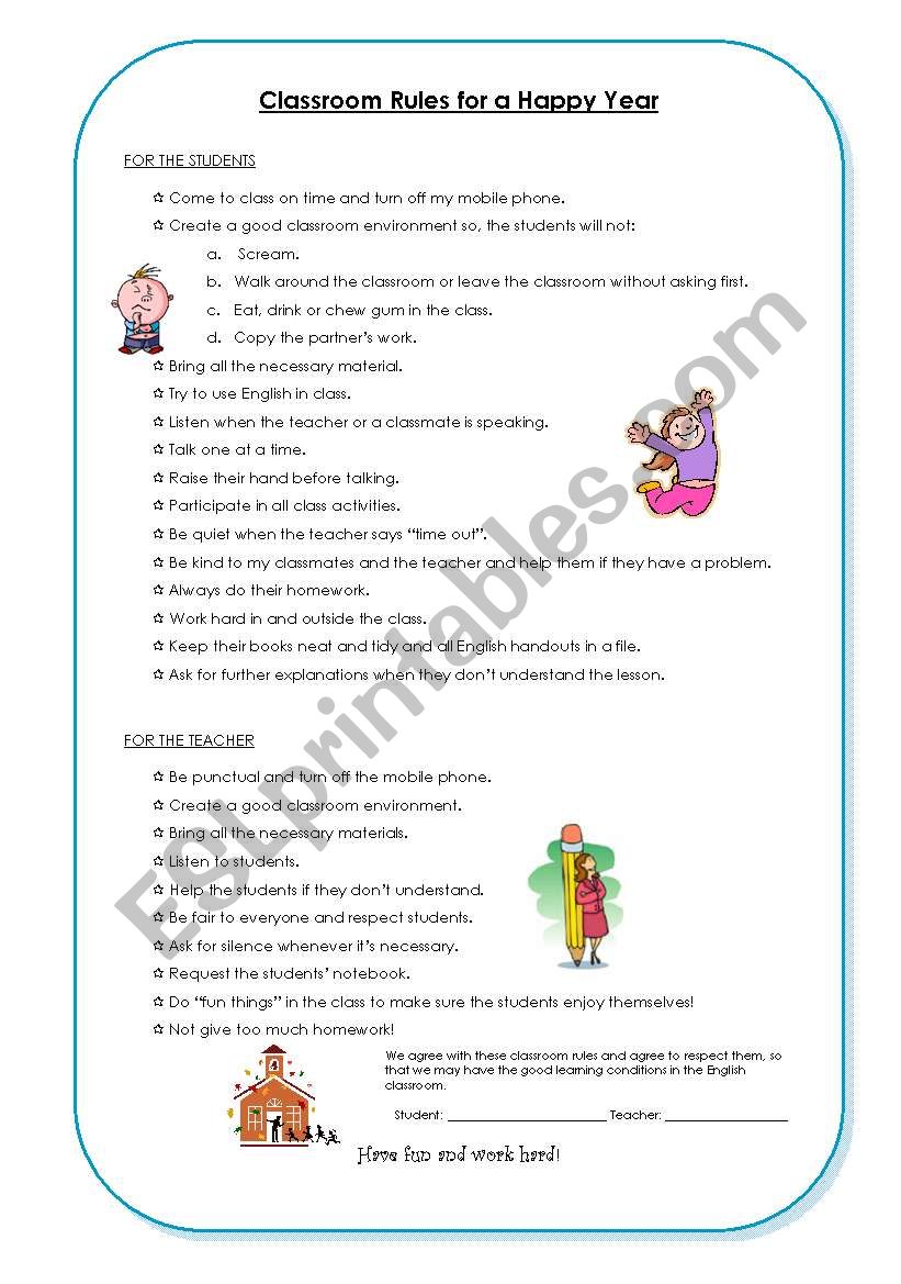 Classroom Rules and Contract worksheet