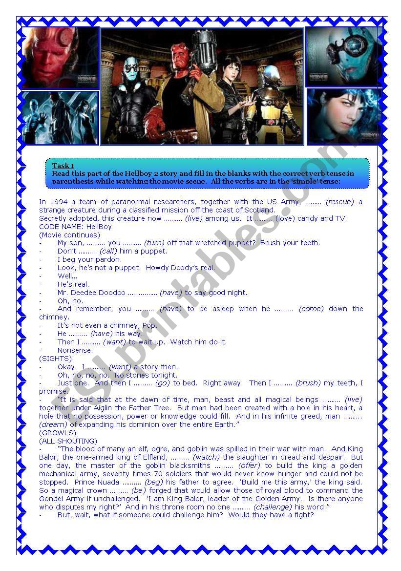Hellboy 2 Movie Activity - Simple Present, Simple Future and Simple Past