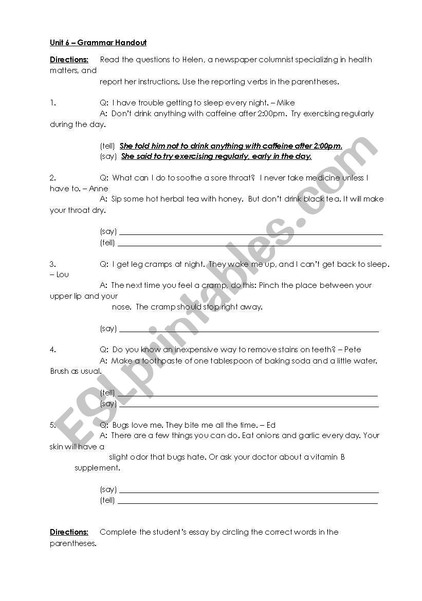 Reported Speech Handout worksheet