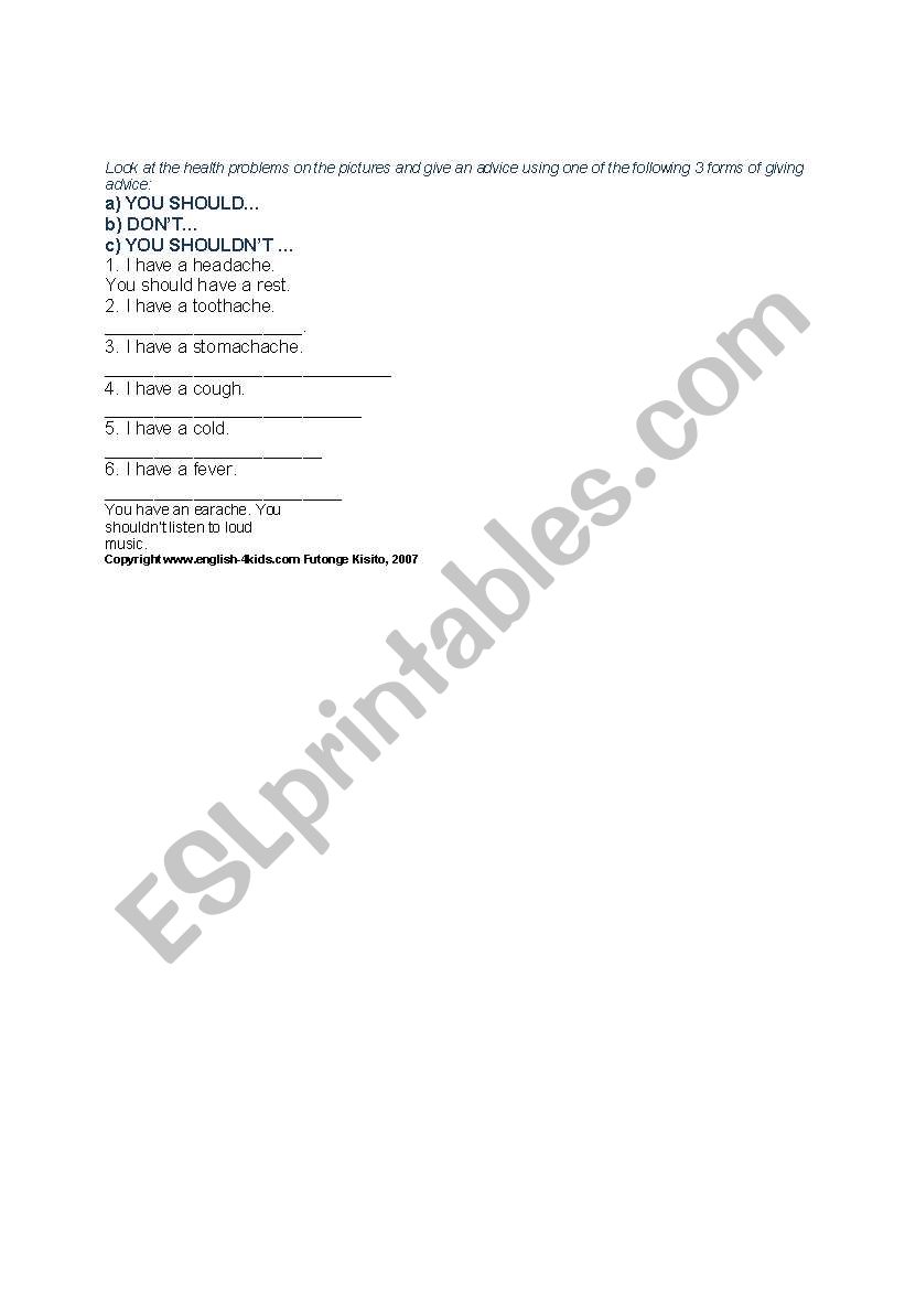 Health problems worksheet