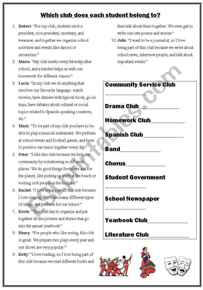 School Clubs and Groups worksheet