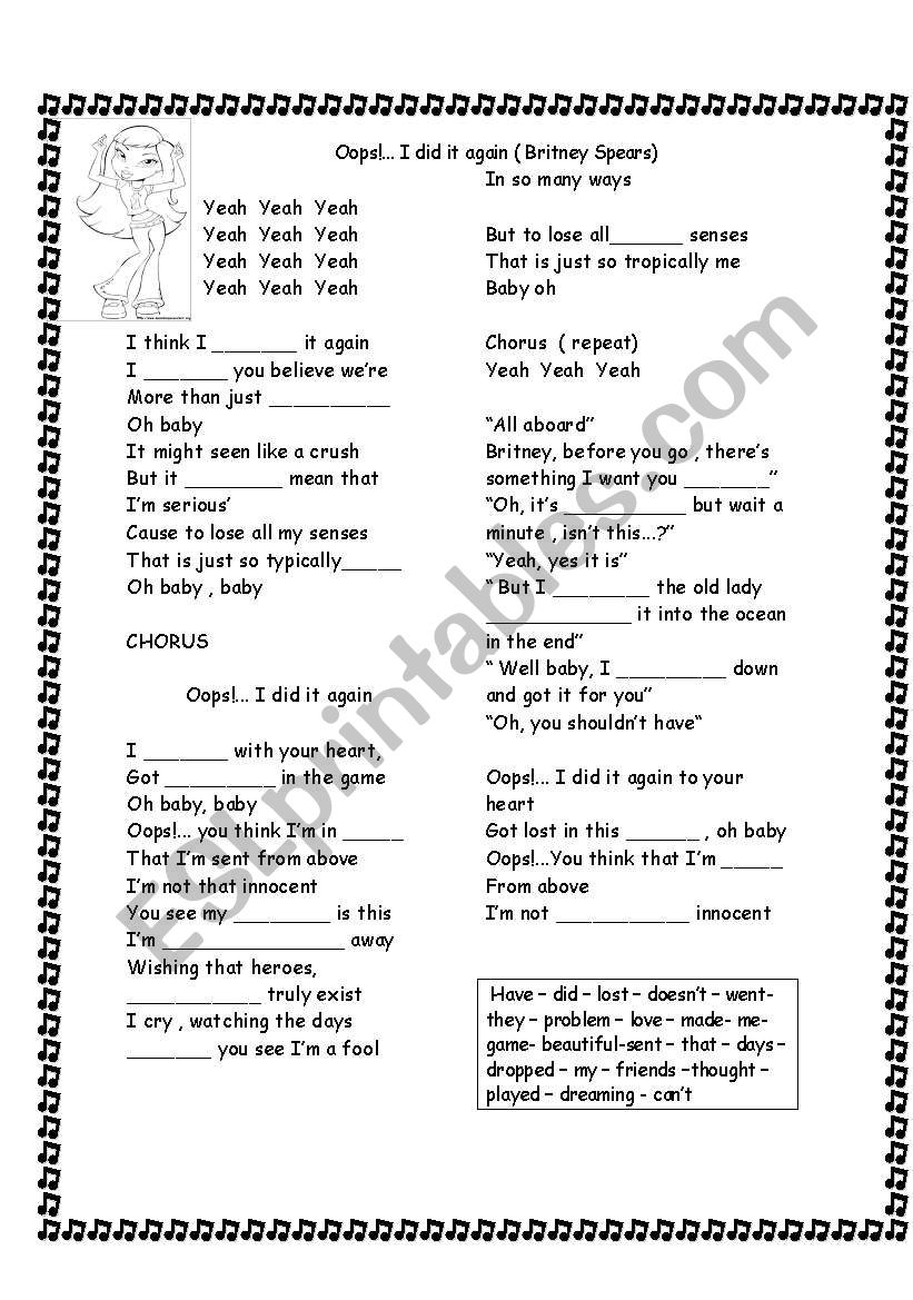 oops ! I did it again  worksheet