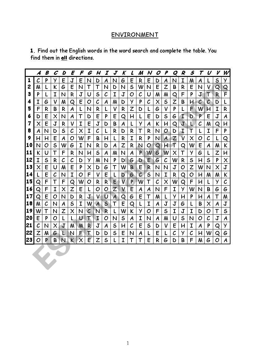 environment crossword and writing task