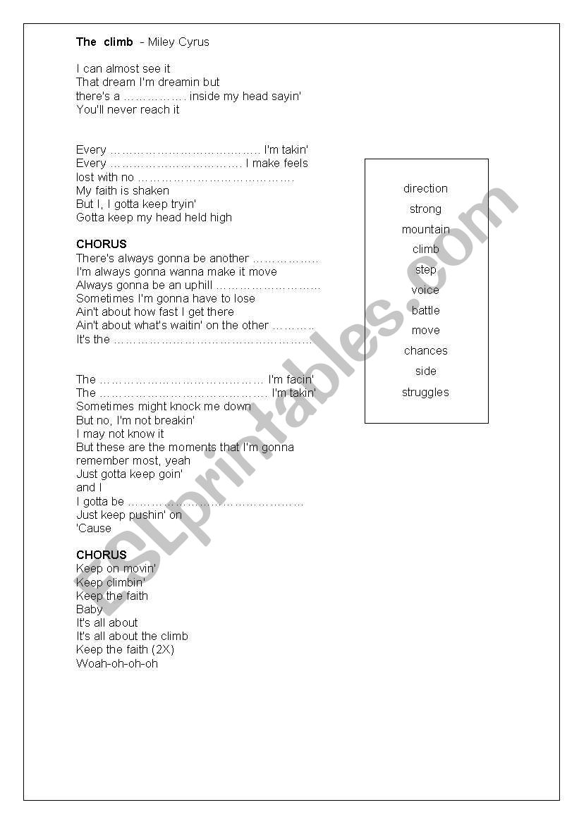 Song The Climb - Miley Cyrus worksheet