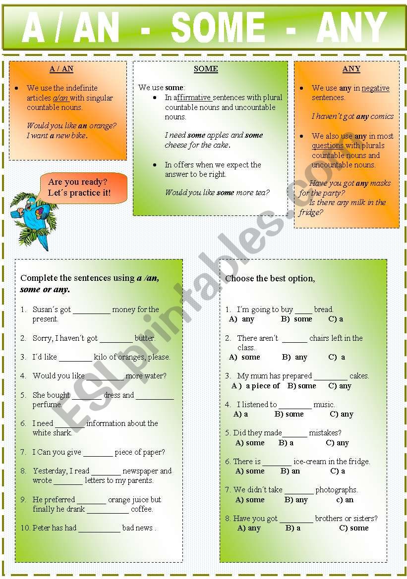 A / AN  -  SOME - ANY worksheet