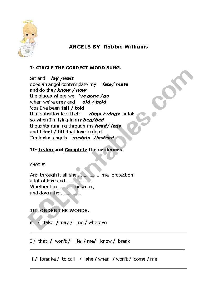 Angels by robbie williams worksheet