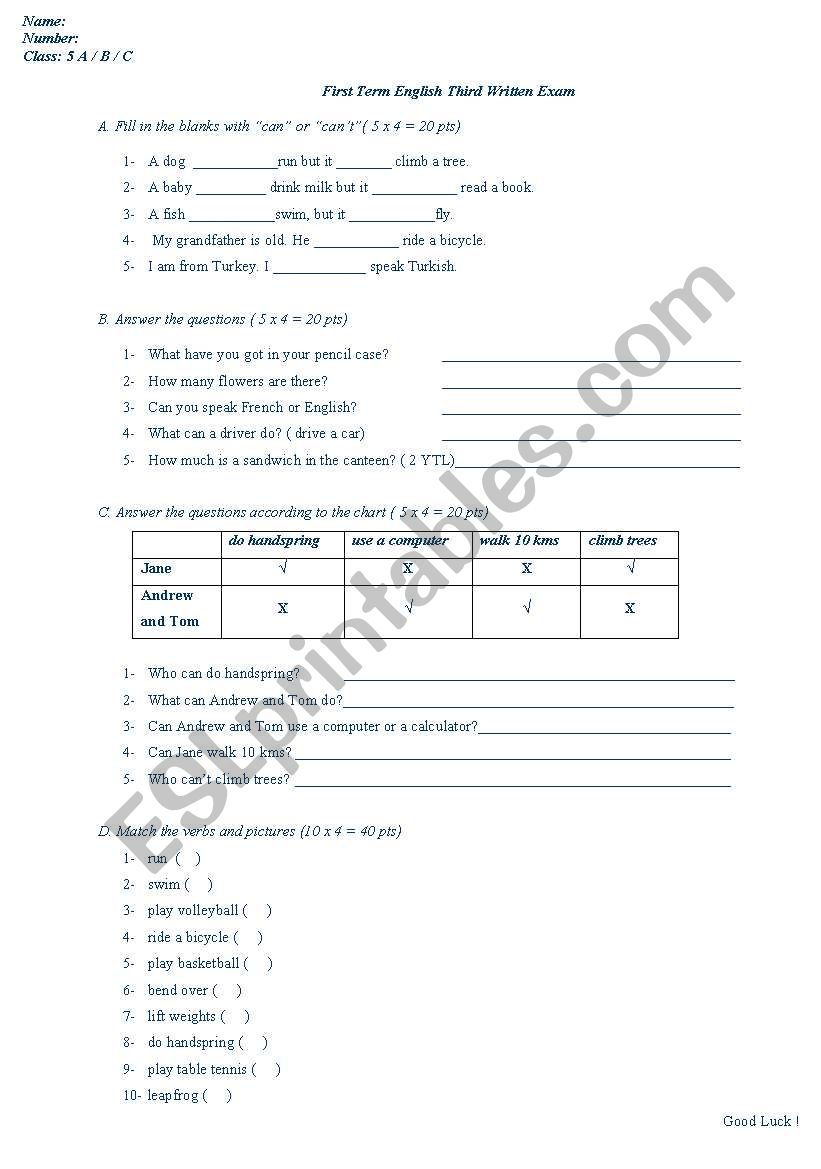 written test worksheet