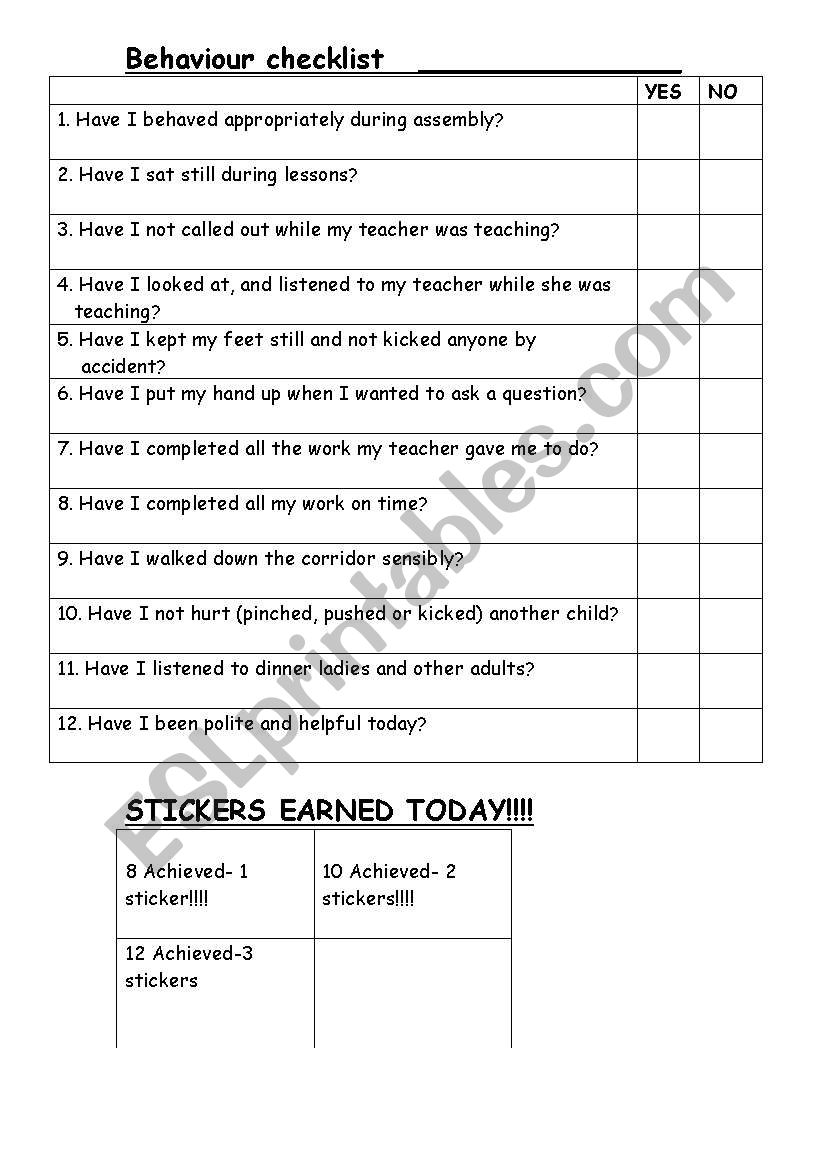 Behaviour Checklist worksheet