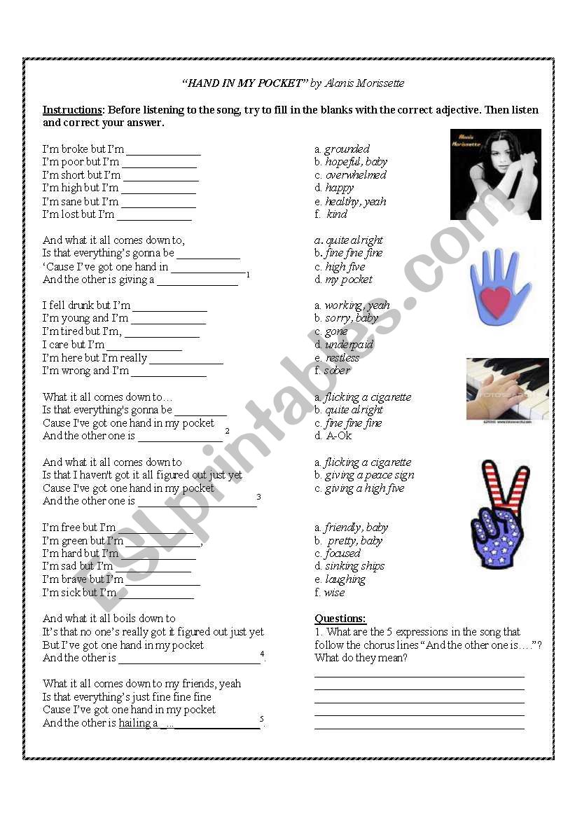 One Hand in My Pocket worksheet
