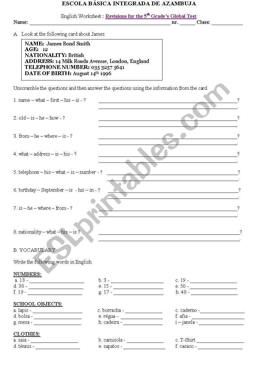 Global Test  5th Grade worksheet